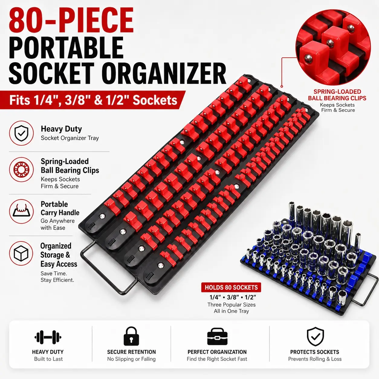 80-Piece Heavy-Duty Portable Socket Organizer Tray, 1/4" 3/8" 1/2" Sizes, Automotive Repair Tool Storage, Metal Material