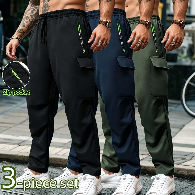 3PC Men's Sports Work Pants with Elastic Drawstring At The Waist, Zippered Safety Pocket, Breathable Regular Pants Suitable for Hiking and Daily Wear