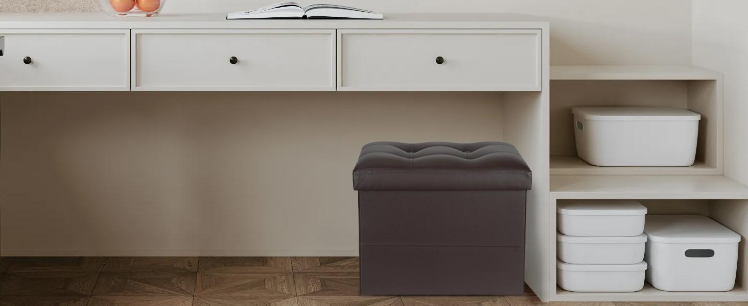 Storage Ottoman Foot Rest Stool, Foldable Leather Footstool Storage Bench with Thicker Foam Padded Seat. Foot Rest Under Desk for Living Room Bedroom 350 lbs, 17x13x13 in, Brown