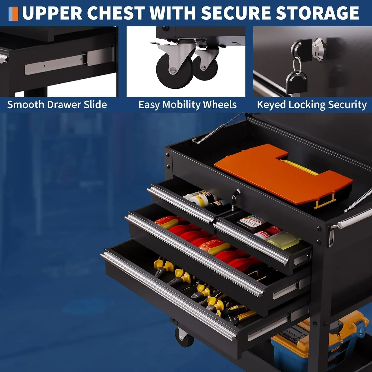 4-Drawer Rolling Tool Chest, Steel Tool Box Cart with Lock, Garage Organizer Storage Cabinet with Drawers and Wheels