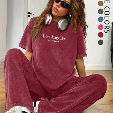 2026 New Women's Vintage Acid Wash Two-Piece Set, Los Angeles Embroidered Loose T-Shirt + Wide Leg Pants, Casual Everyday Streetwear