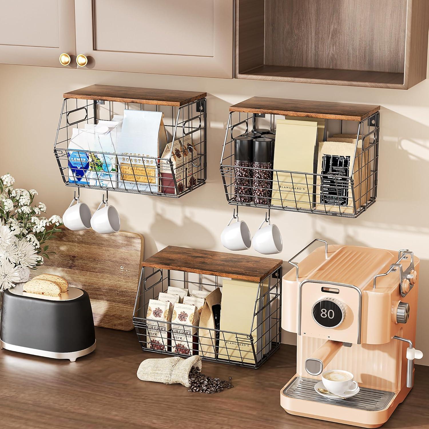 3 Pack Stackable Metal Fruit Basket with  Lid-Wall Mounted&Countertop Organizer for Kitchen,Pantry- Ventilated Storage for Onions,Potatoes,Fruits,Spices