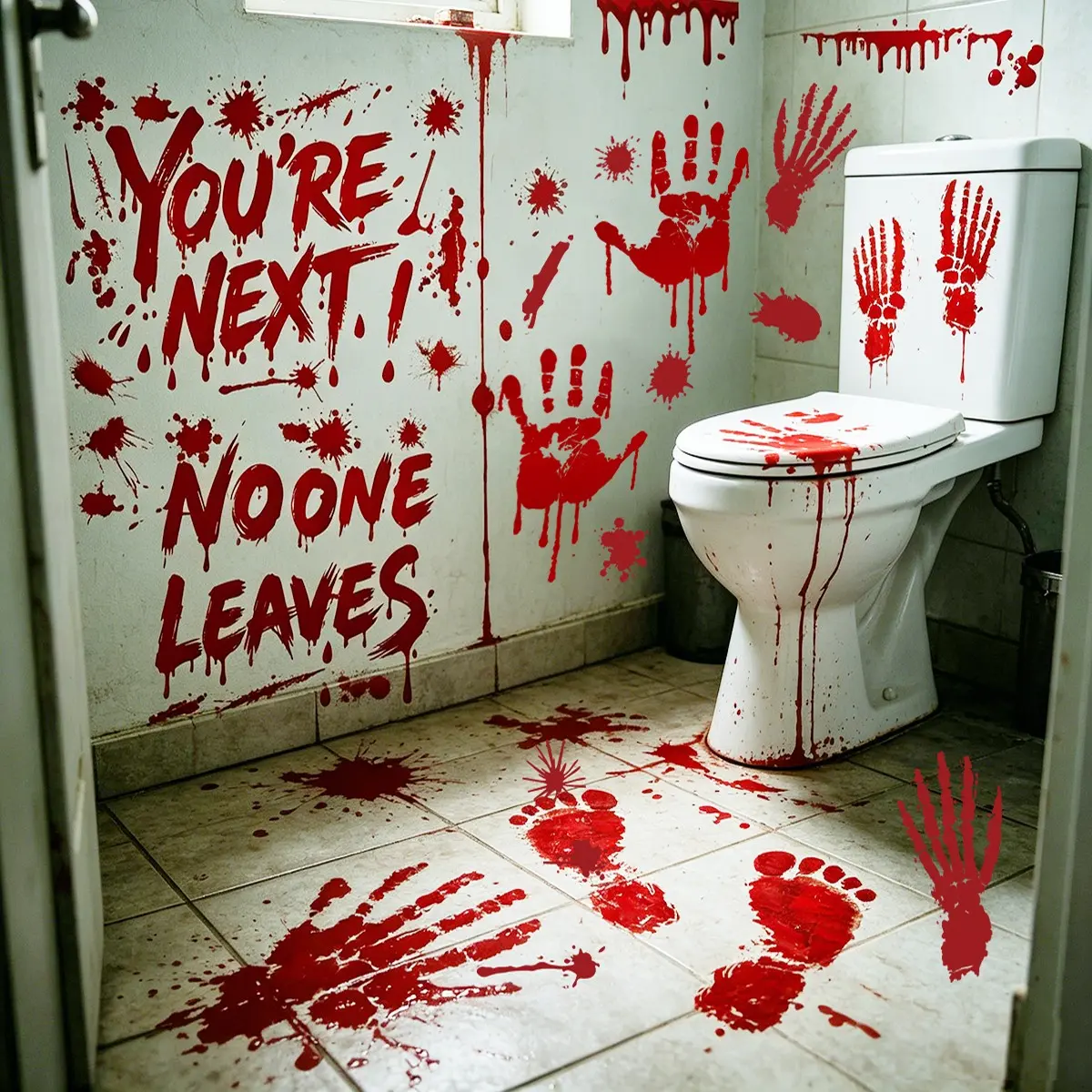 Halloween Blood Handprint Footprint Decorative Wall Stickers, YOU ARE THE NEXT, NO ONE LEAVES, Horror Bloody Decor Window Stickers, Window Decals, Self-Adhesive Floor Stickers, Indoor Outdoor Use