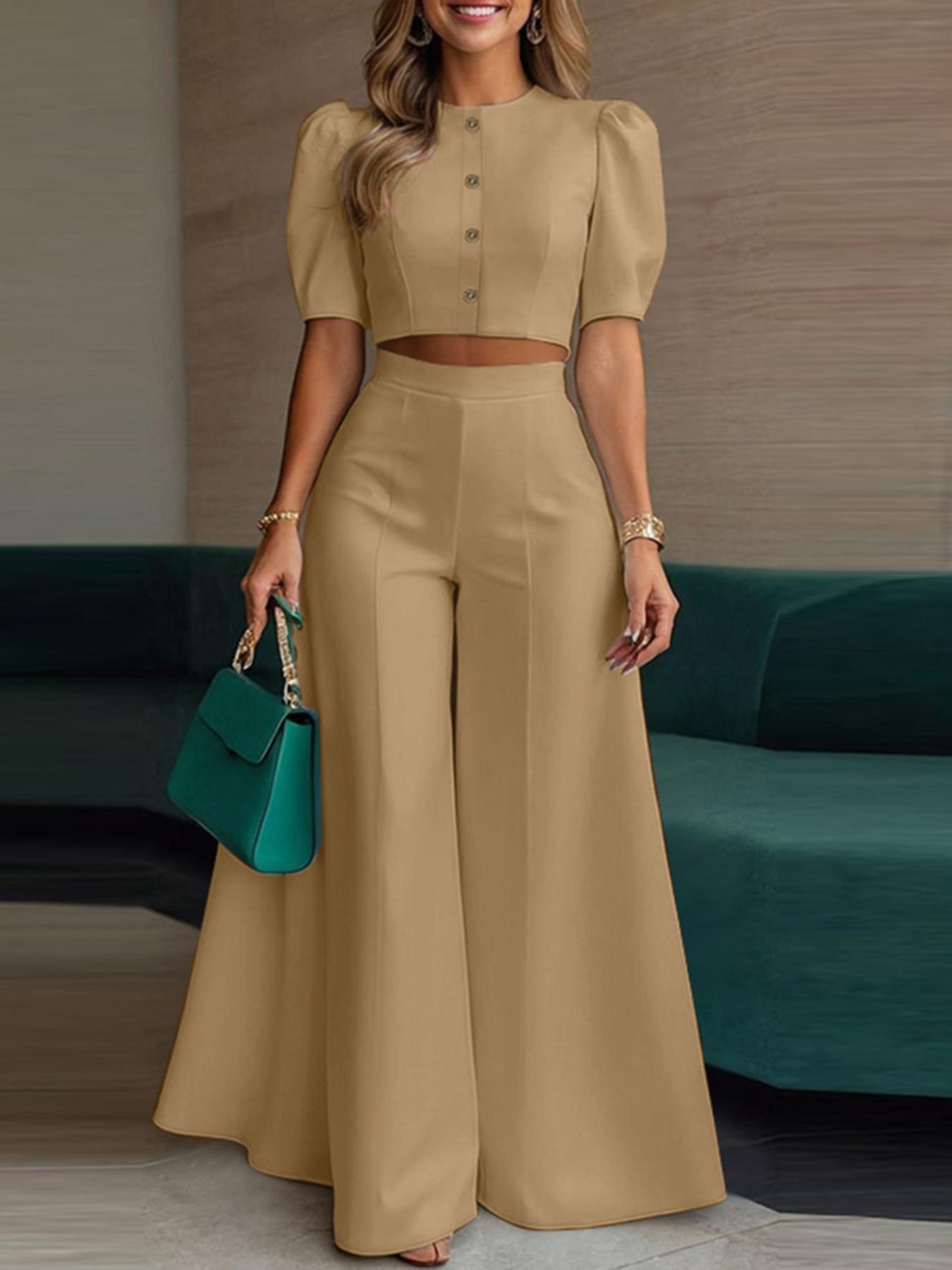 Two-Piece Set Women's Plain Woven Cropped Top & Elastic Waist Wide Leg Pants, Elegant Fashion Top & High Waist Trousers for Daily Wear, Womenswear for Summer