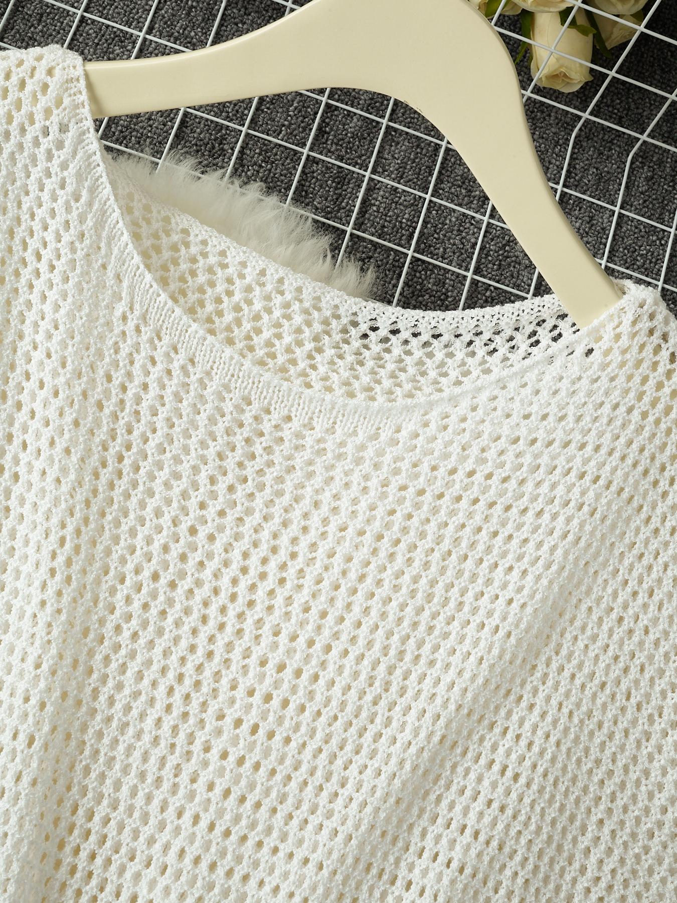 Women's Solid Color Hollow Out Knit Sweater Dresses, Casual Fashion Round Neck Drawstring Dresses, Ladies Summer Clothes for Daily Wear, Womenswear