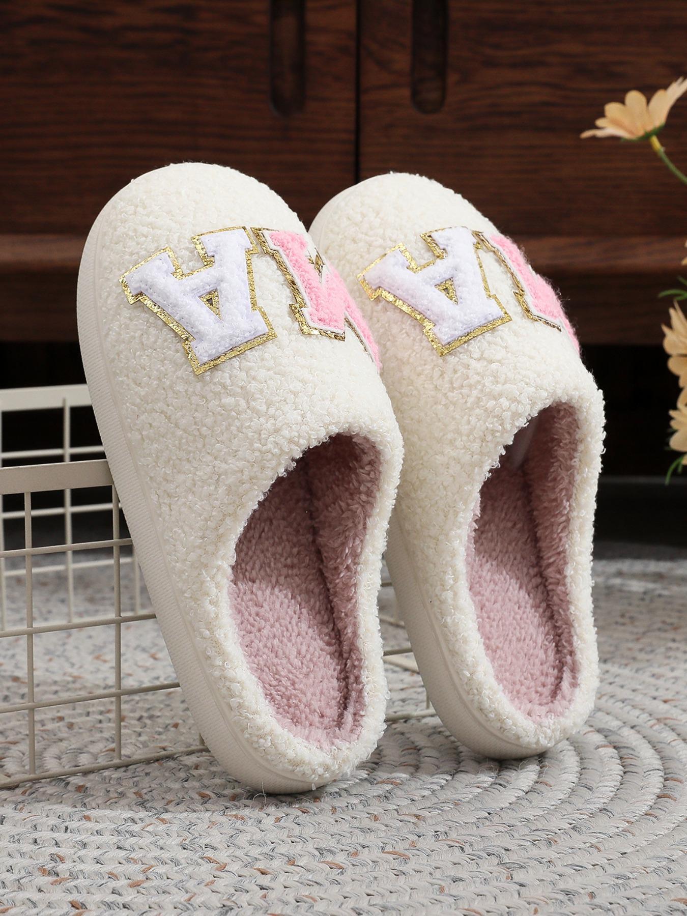 Women's Glitter Letter Pattern Plush Slippers,  House Slippers, Casual Soft Comfortable Home Slippers,  Bedroom Slippers, Ladies Slippers, Warm Slippers for Indoor & Outdoor Use for Fall & Winter