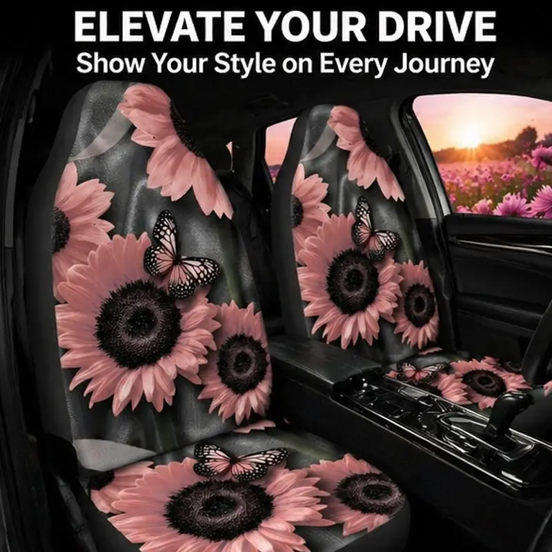 2pcs Sunflower Butterfly Print Car Seat Covers, Universal Fit Front Seat Protector, Non-Slip Breathable Auto Cushion, Car Interior Accessories for Women