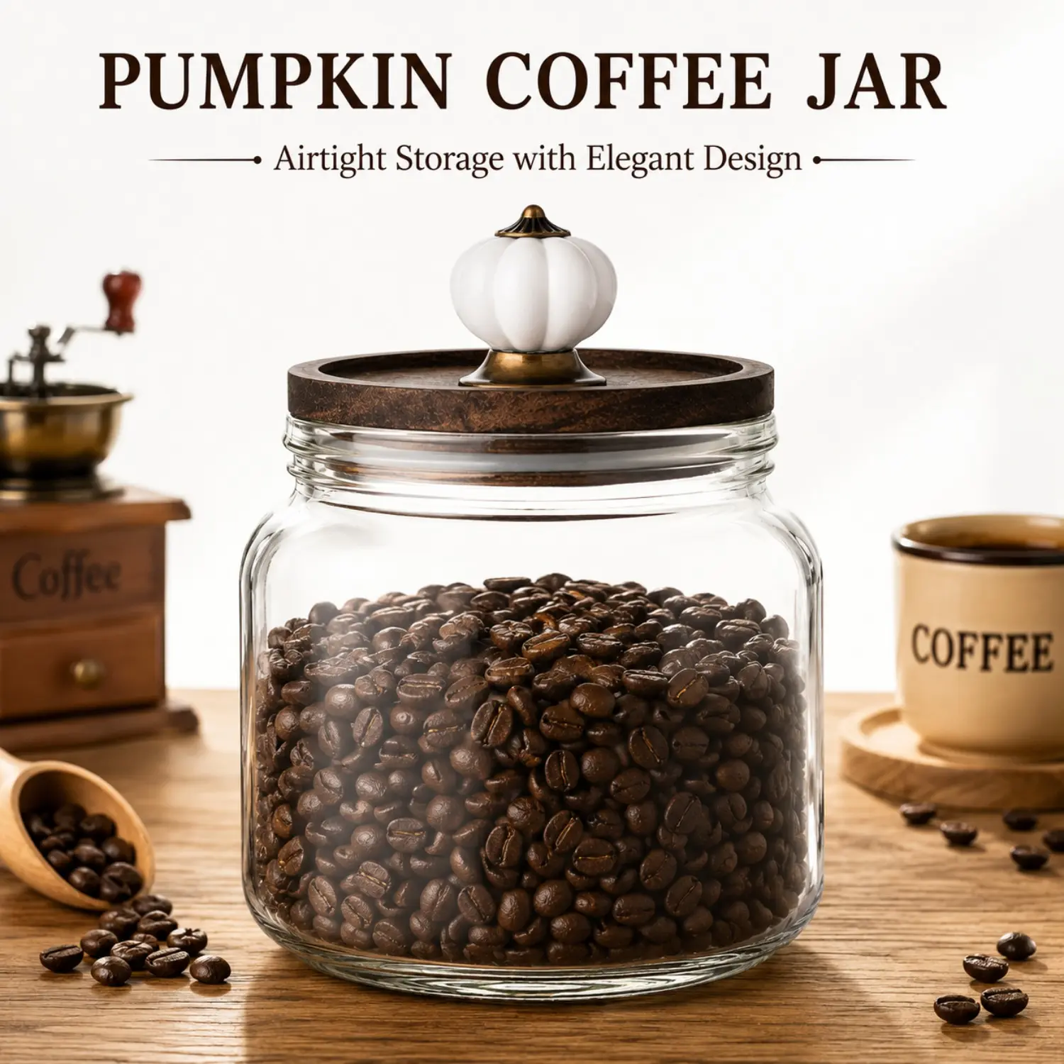 Arthink Airtight Glass Coffee Jar 25.4 oz Vintage Food Storage Canister with Wide Mouth Wood Lid and Pumpkin Knob for Coffee Beans Sugar Tea Nuts Pasta and Pantry Organization
