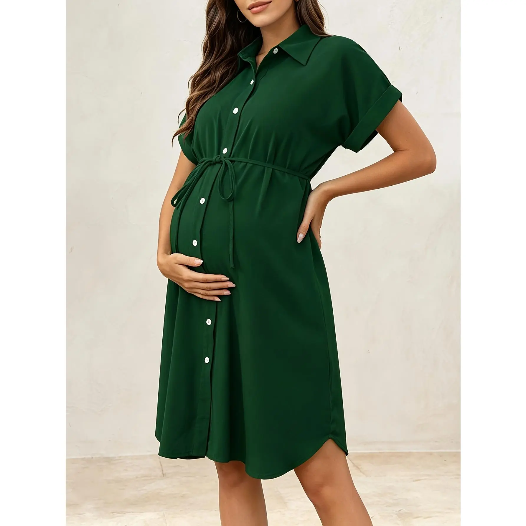 Lapel Button Front Drawstring Waist Maternity Shirt Dress Loose Midi Maternity Dress Daily Commute Pregnancy Outfit,leopard,elegant,Pleated,unlined,long,blue,easter,baby,women's,western,clothing,bodycon,casual button,classy,sundresses