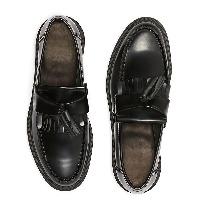 (New)Classic Black Tassel Penny Loafers for Couples - Comfortable Business Casual Shoes with Cork Insole, Durable PU Cover & Chunky Heel Design, Rounded Toe, All-Season Wear, Comfortable Footwear |     Tassel Detail |     Durable Construction, Dressy Sh