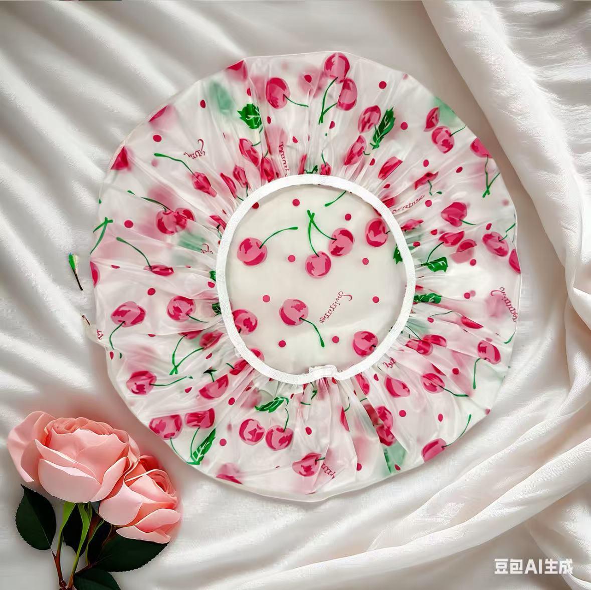 Cute Cherry Print PE Shower Cap, Waterproof Reusable Hair Cap for Shower, Hair Treatme