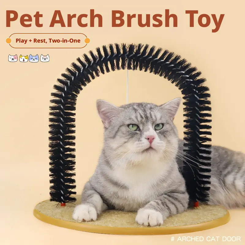 Interactive Cat Arch Self Groomer with Scratching Pad – Foldable Massage & Fur Removal Toy for Indoor Cats, Self-Grooming Play Station for Cats & Kittens