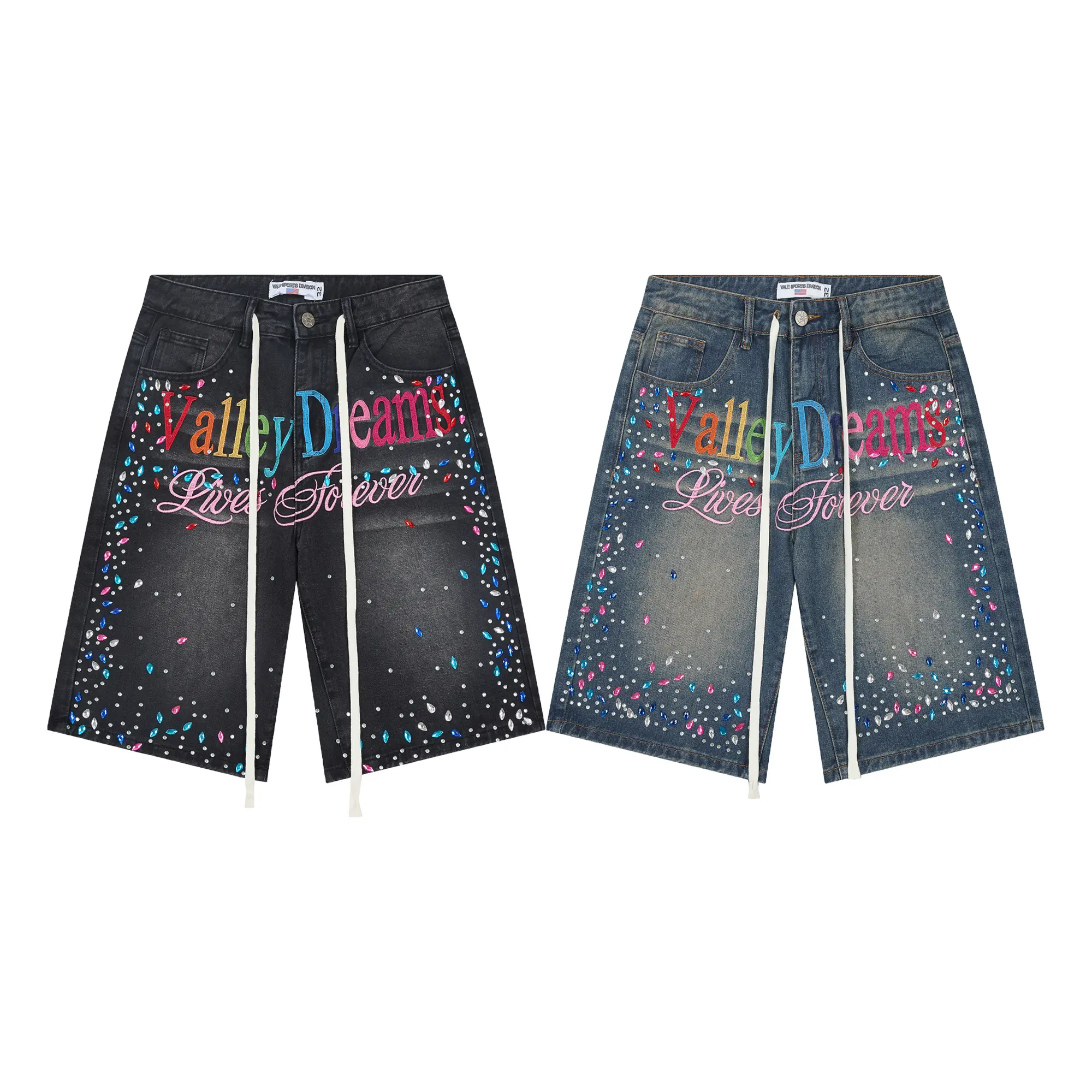 VALE Heavy-Duty Vintage Denim Shorts, Hotfix Rhinestone & Embroidery Craft, Distressed Retro Street Jean Shorts, Unisex Hip Hop Casual Bottoms, Spring Break, 4th of July, Halloween Summer Holiday Outfit
