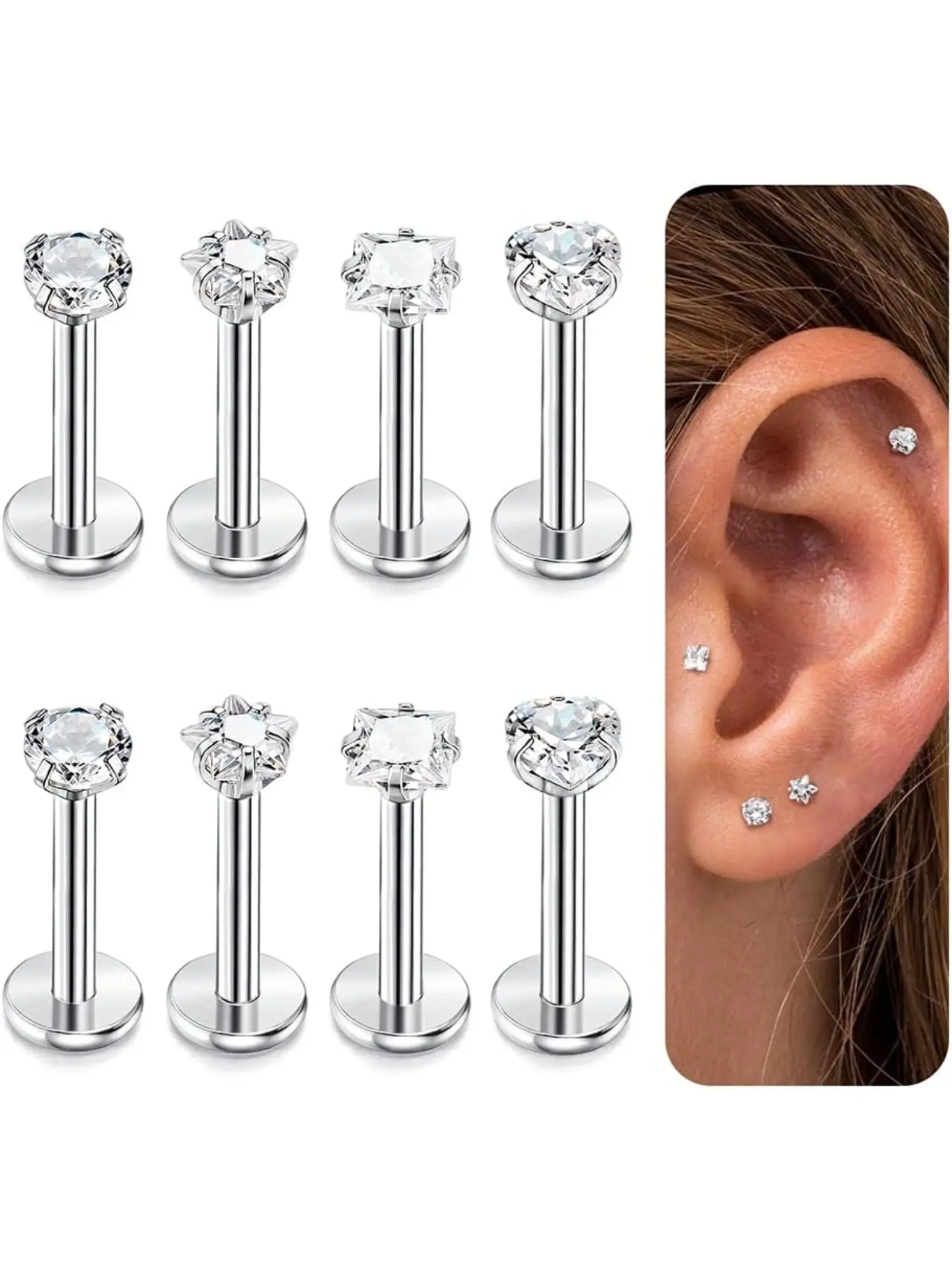 8 Pcs Internally Threaded Labret Stud Lip Rings for Women Men 16G Stainless Steel Medusa Monroe Piercing Cartilage Tragus Forward Helix Earrings Piercing Jewelry Nose Piercing 6mm  8mm Labret Studs Replacement
