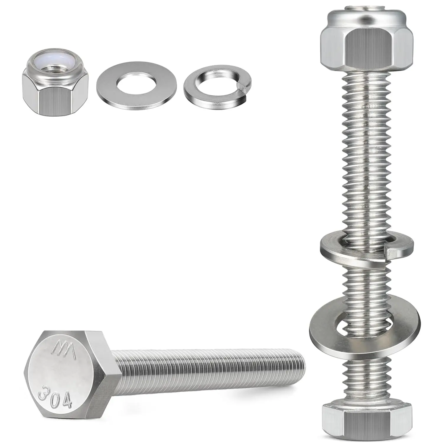 (4 Sets) 5/16-18 x 6" Hex Head Screw Bolt,Lock Nuts,Flat & Lock Washers Kits,304 Stainless Steel 18-8,Fully Threaded