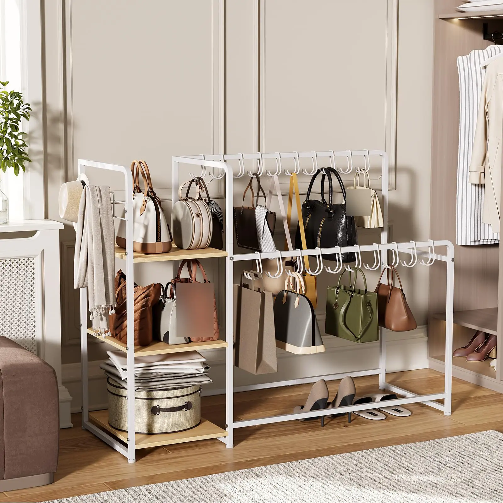 3-Tier Purse Organizer Rack with 20 Hangers & 3 Side Hooks, Wooden Rolling Handbag Storage Stand with Wheels for Closet, Bedroom, Entryway, Dressing Room