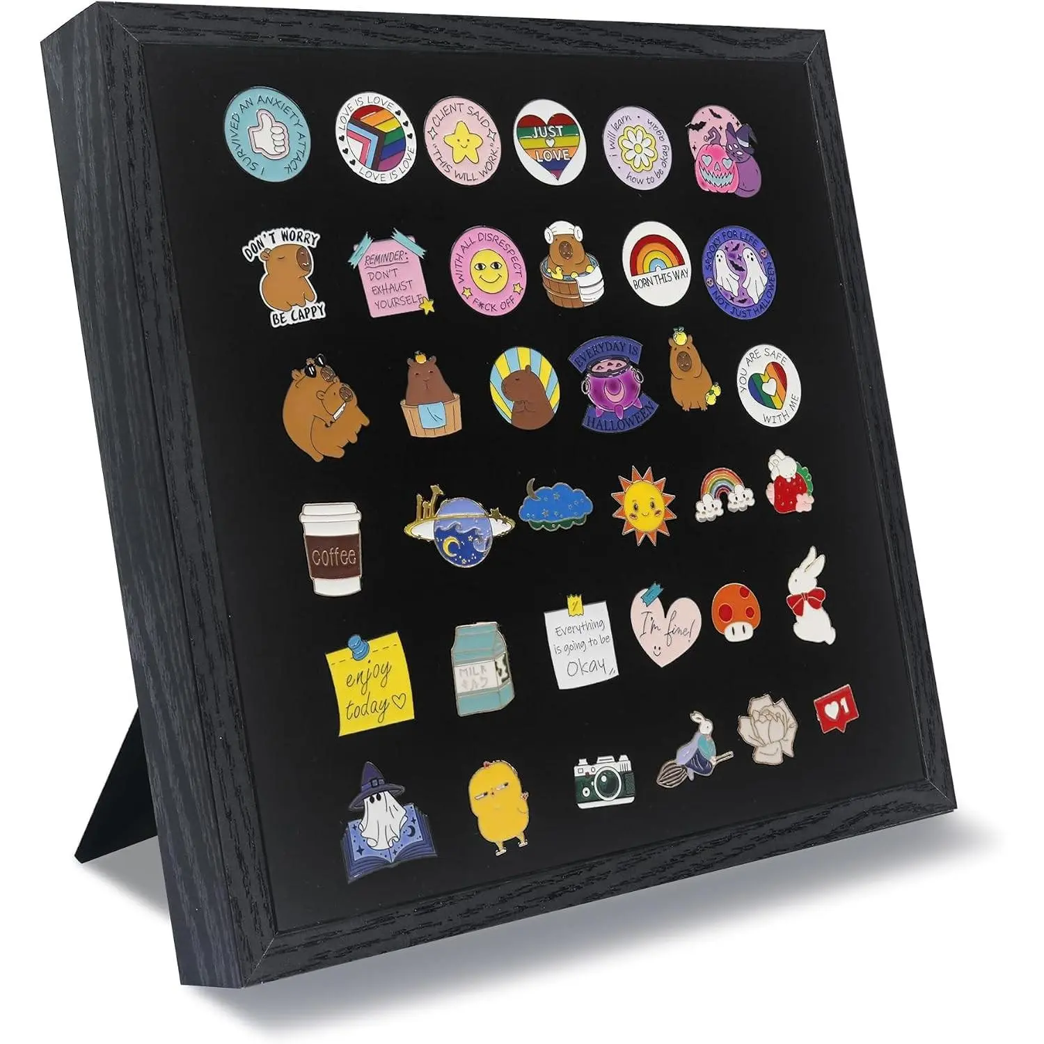 11x11 Enamel Pin Display Case, Pin Collection Display Frame with Real Glass, Black Shadow Box Pin Holder for Wall and Tabletop Display
