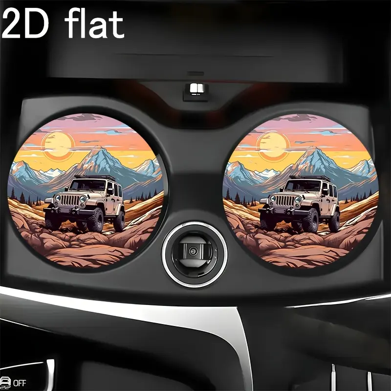 2pcs Jeep Car Cup Holder, Mountain Landscape Style, Anti Slip Coaster, Stylish Design, Suitable for Car and Other Places, Perfect for Coffee, Tea, Wine and Various Drinks, Perfect for Parties and Festive Events Gifts.5.15HQD-257