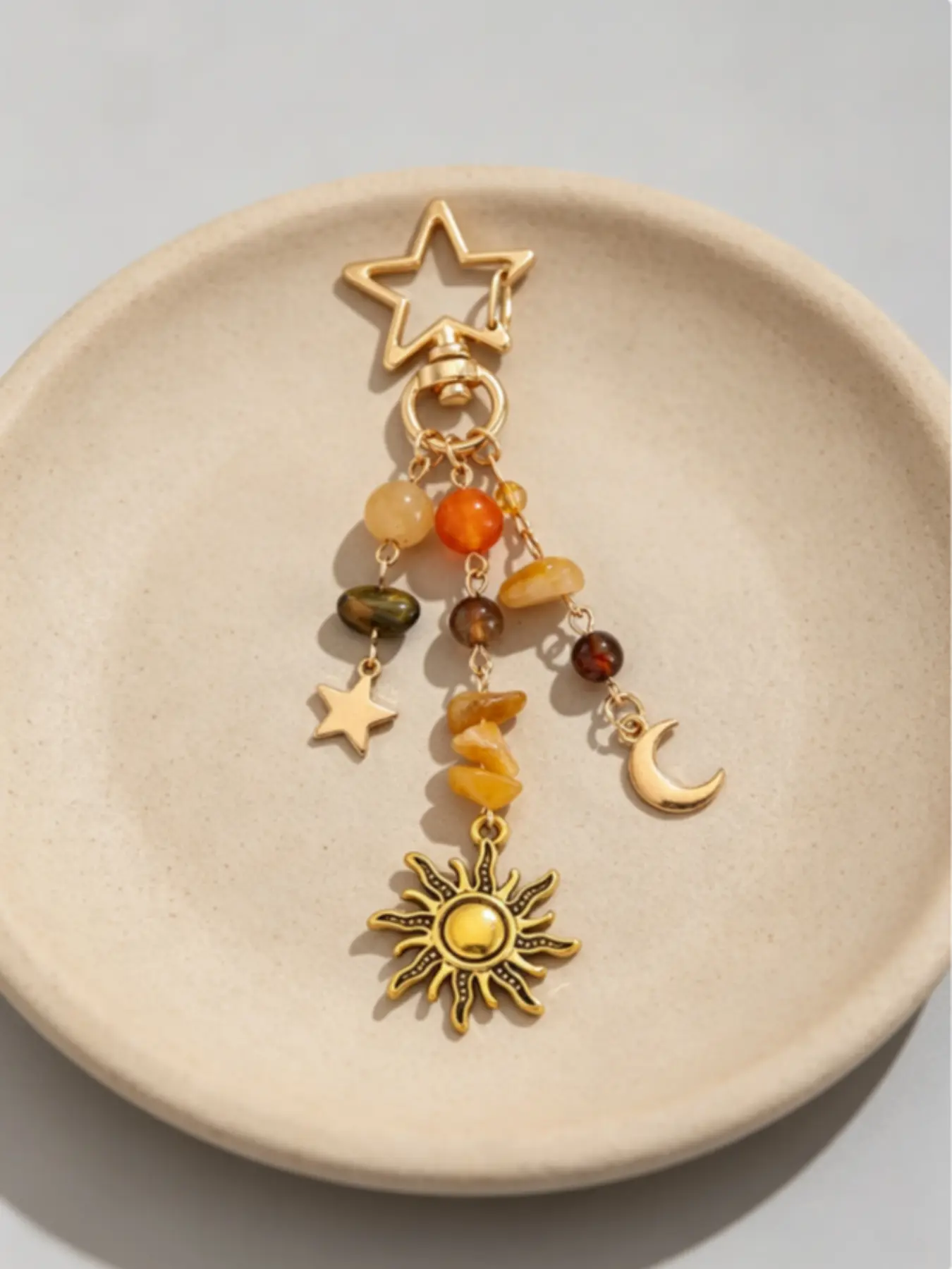 Sun and Moon Design Beaded Keychain with Colorful Star Beads & Gemstone Charm, Y2K Aesthetic Boho Hippie Bag Charm, Purse Accessory for Women, Handbag/Backpack Decoration, Christmas Gift, Key Accessories, Bag Charms