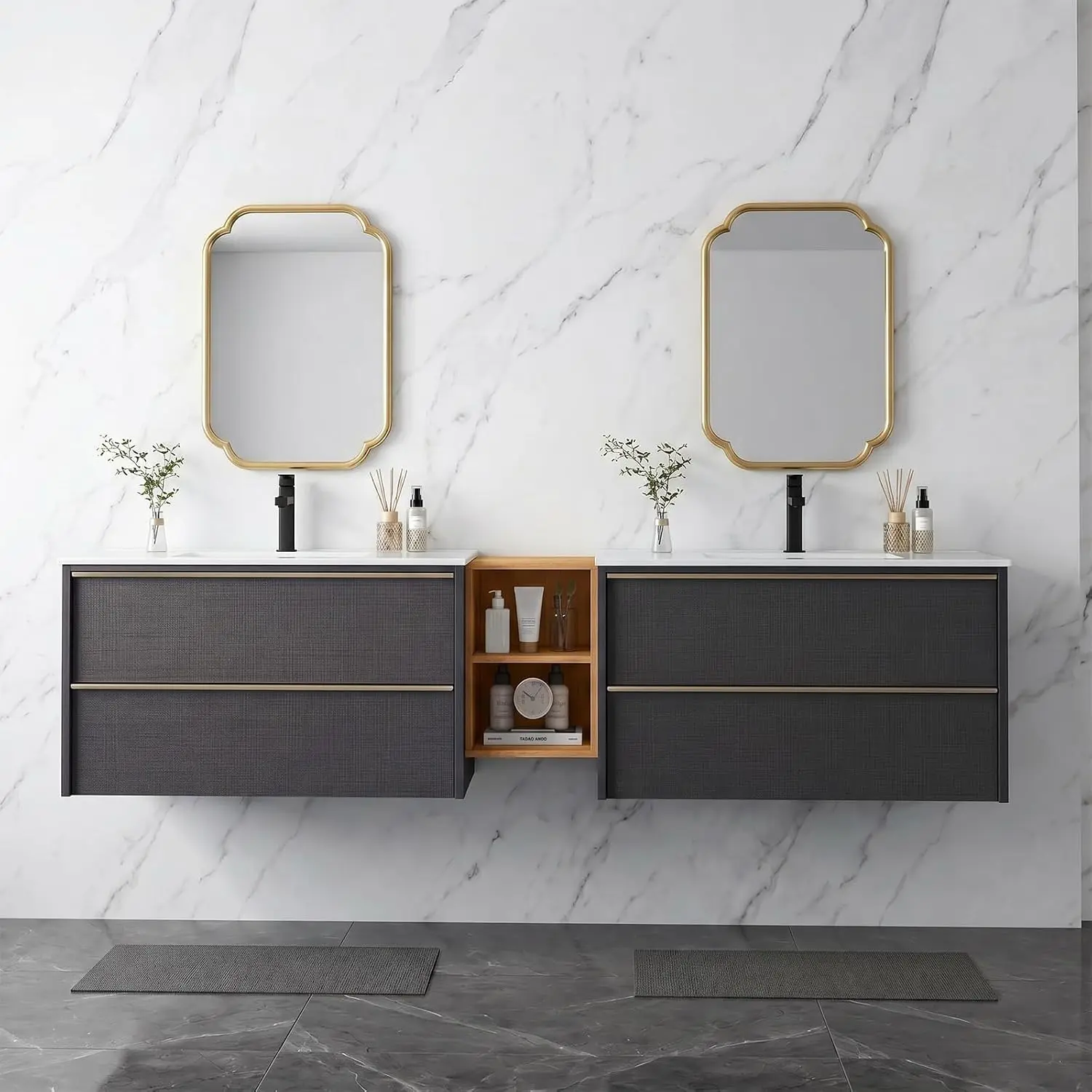 84 inch Modern Floating Double Sink Bathroom Vanity with Sink Combo Wooden Wall Mounted Cabinet with Soft Close Drawer Large Storage Open Side Shelf Metal Handles, Black(wd)