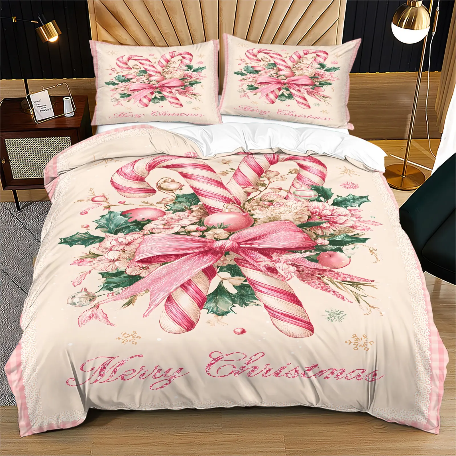 Pink Candy Cane Bow Floral Christmas Duvet Cover Set, Holiday Bedding Set, Soft Microfiber, HD Fade-Resistant Digital Print, Hidden Zipper & Corner Ties, Machine Washable, Includes 1/2 Pillowcases - without Core Festive Bedroom Decor