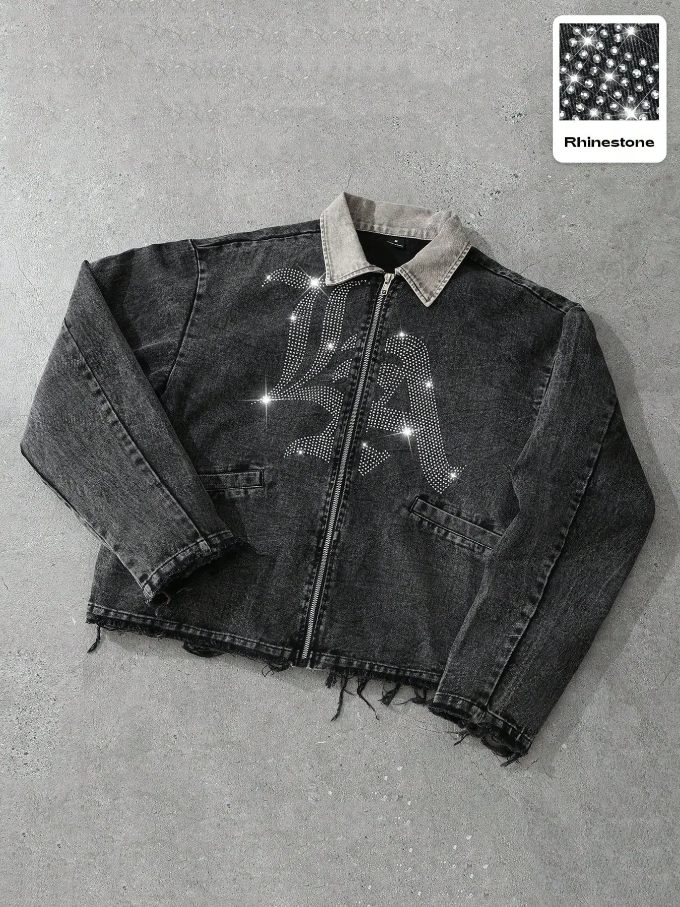 Vintage Chicano Style Men Cropped Denim Jacket, Full Zip Front Rhinestone Letter Graphic Outerwear, Acid Washed Denim Coat With Contrast Collar & Frayed Hem Relaxed Fit Jacket for Urban Daily Hangout Hip Hop Street Outfits