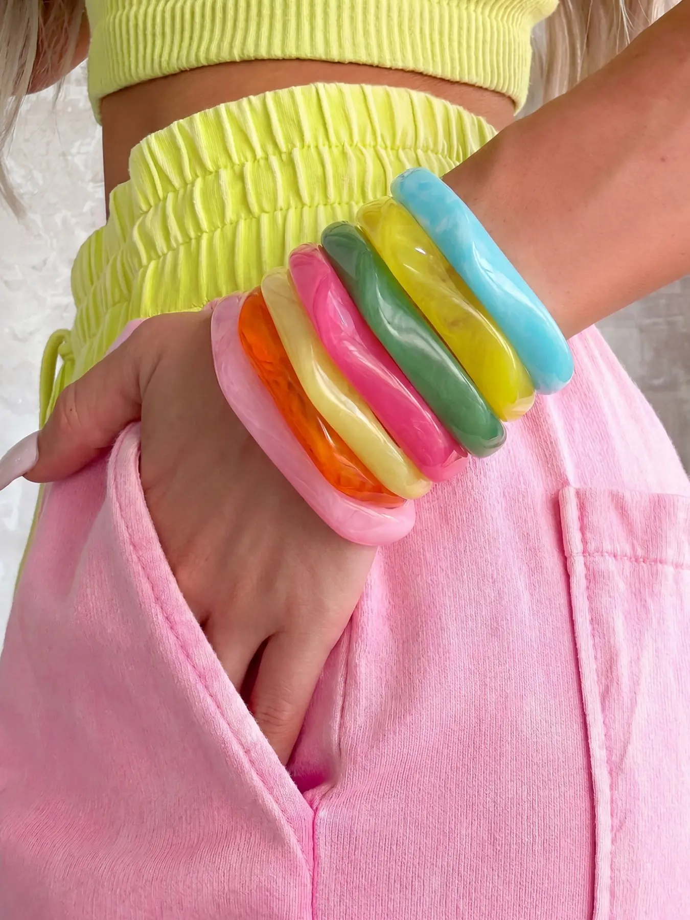 Unique Artistic Irregular Square Resin Bracelet, Macaron Ice Transparent Ink Pattern, Daily Wear Stackable Jewelry, Versatile