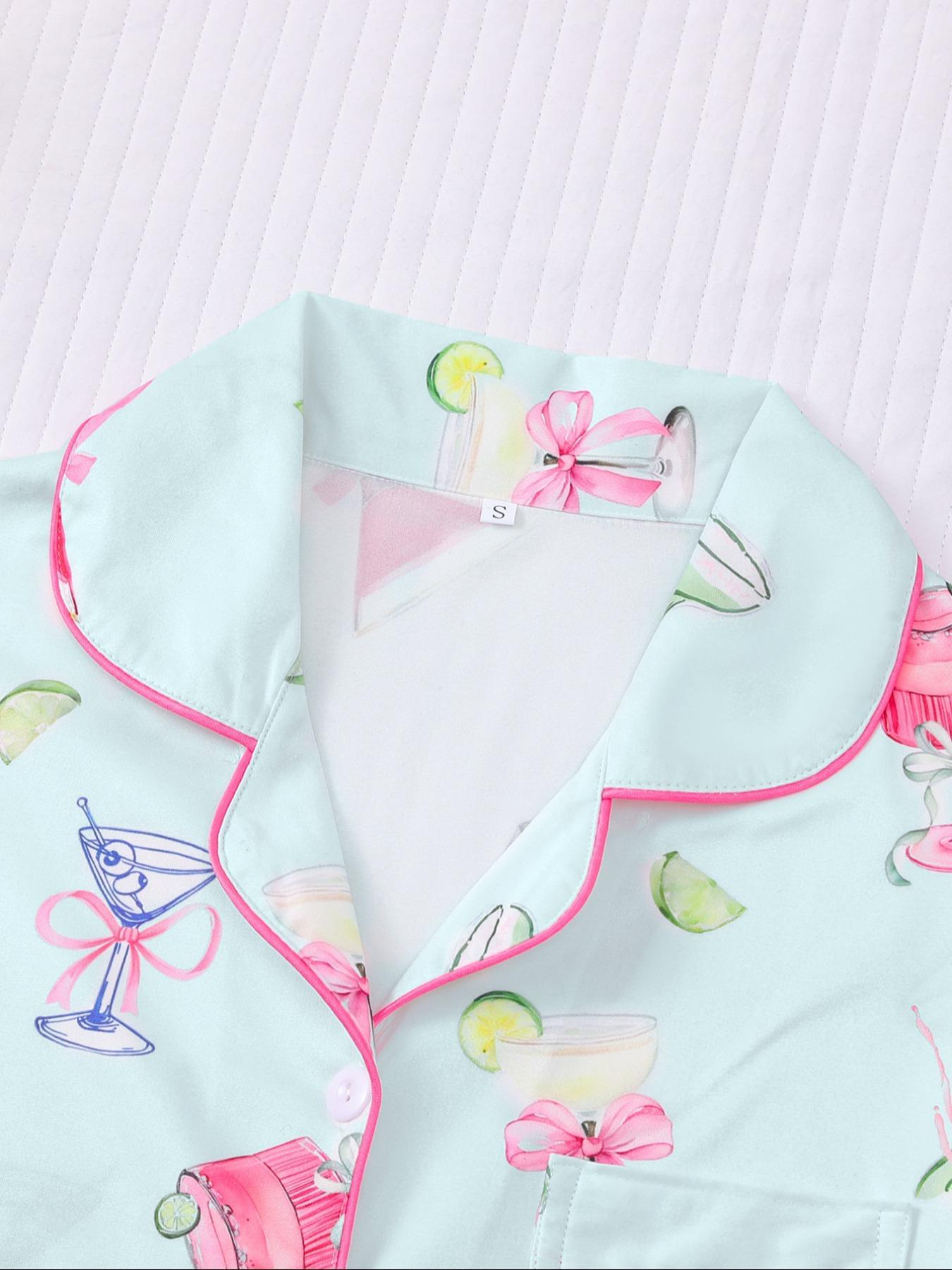 Women's All Over Cocktail Print Button Front Shirt & Elastic Waist Shorts Pyjama, Casual Comfy Short Sleeve Top & Shorts PJ Set, Ladies Sleepwear for All Seasons, Loungewear, Sleepwear Pajamas Set