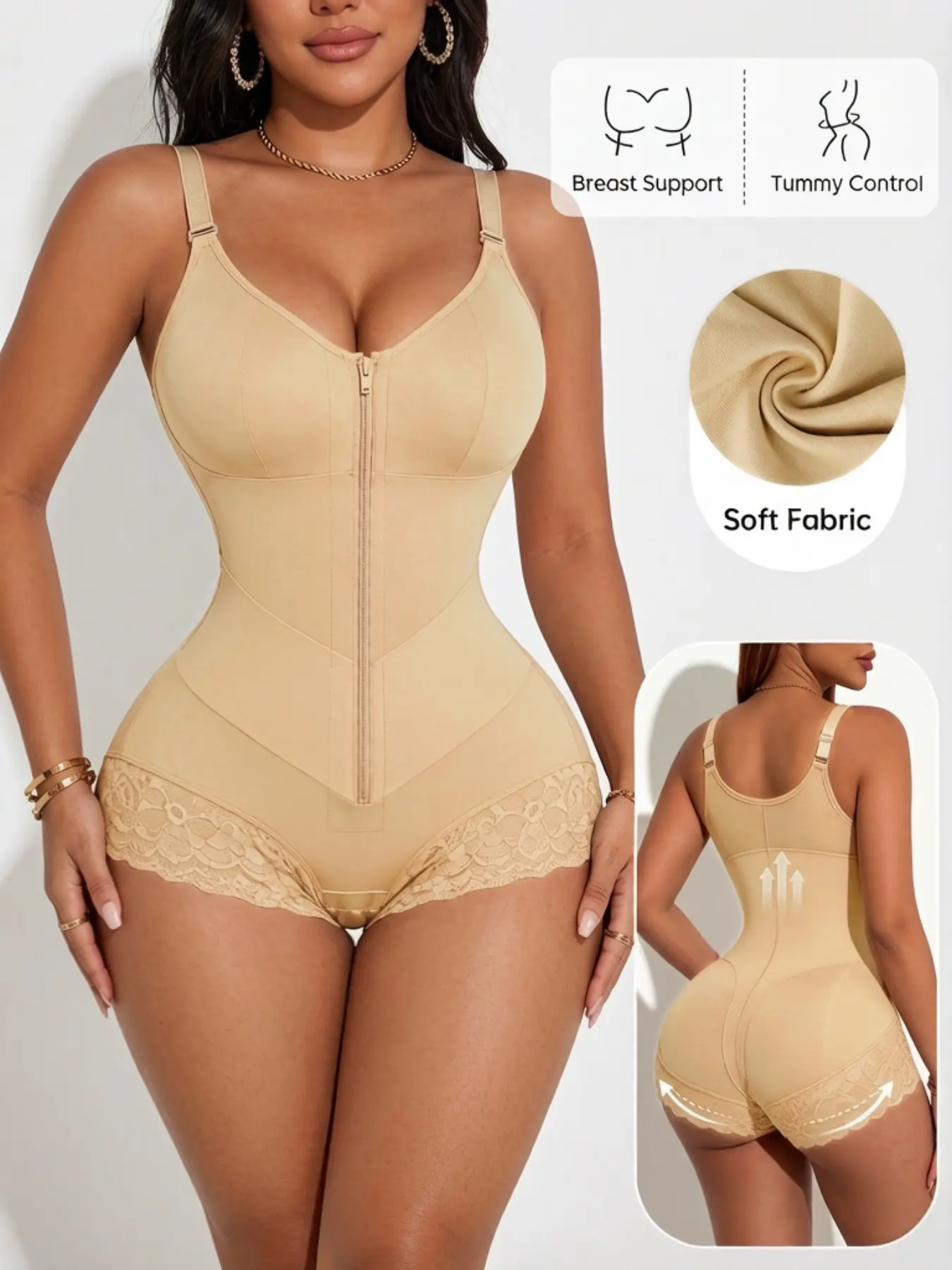 1 Count Women's Butt Lifting And Tummy Control Shapewear, Body Sculpting Compression, Colombian Fajas, V-Shaper Belt Shapewear Bodysuit, Adjustable Shoulder Strap Bodysuit, Front Zipper & Inner Hooks Jumpsuit, Crafted For Breathable Wear And Body Shape