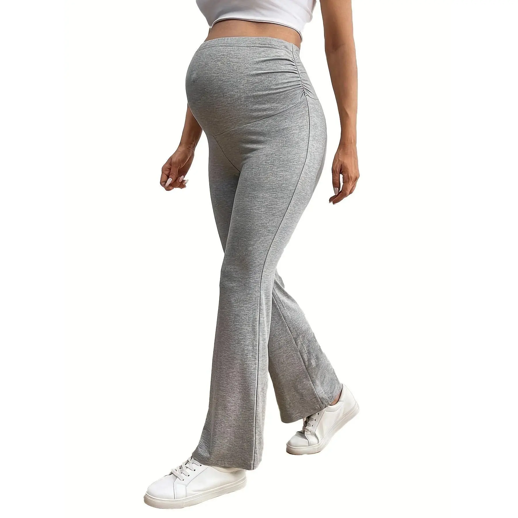 Women's Grey Long Flared Stretch Breathable Plain Maternity Long Pants - Casual Versatile Sleeveless Top, Modest Summer Sports Fashion, Prop 65 Safe Maternity Clothing