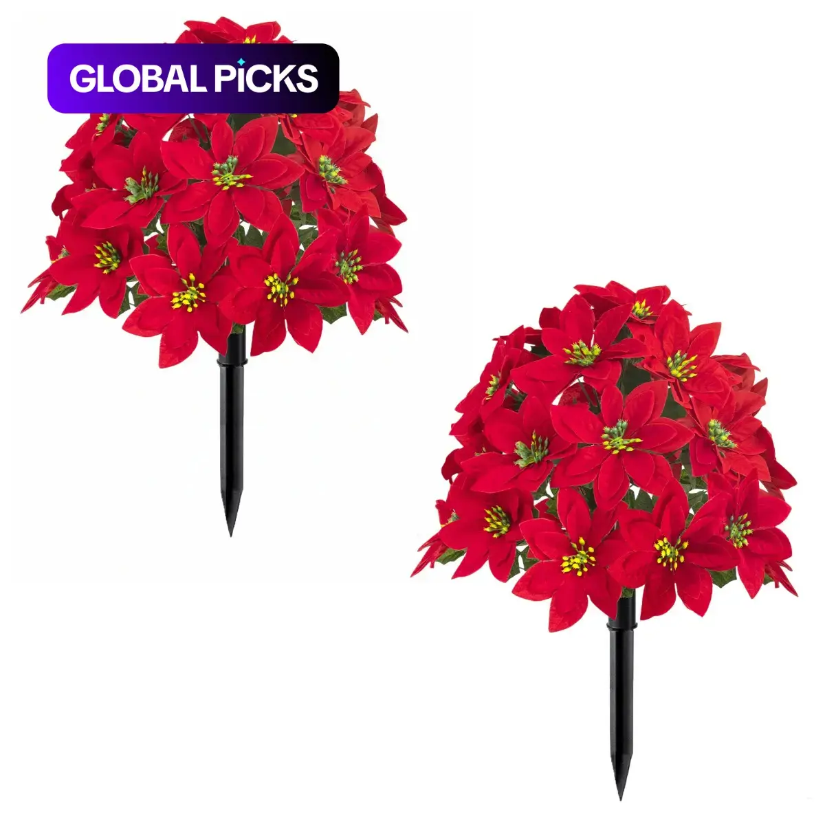 2 Pack Artificial Poinsettia Flowers with Ground Spike, UV Realistic Faux Poinsettias, Artificial Plants for Outdoor Christmas Decor, Home Patio Topiary Balls #GLOBAL PICKS
