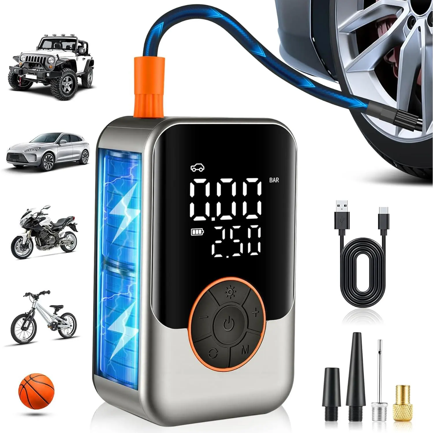 Tire Inflator Portable Air Compressor Cordless, 150 PSI Car Tires Air Pump, Mini Electric Bike Pump with LED Light, Digital Display Pumps for Car, Motorcycle, Bicycle, Balls, 150 Psi Pressure, Cordless Convenience