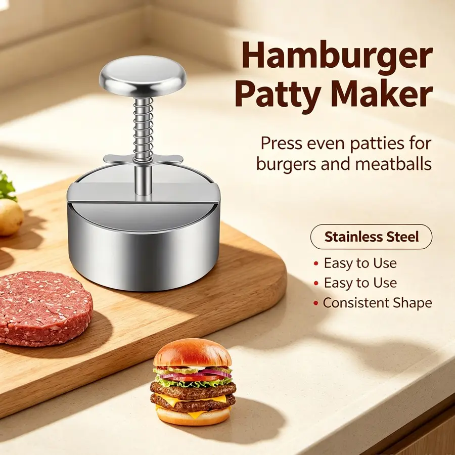 Metal Hamburger Patty Press, Adjustable Thickness Control, Easy Clean Reusable Mold, Essential Kitchen Tool for DIY Burgers, Grilling and Meal Prep