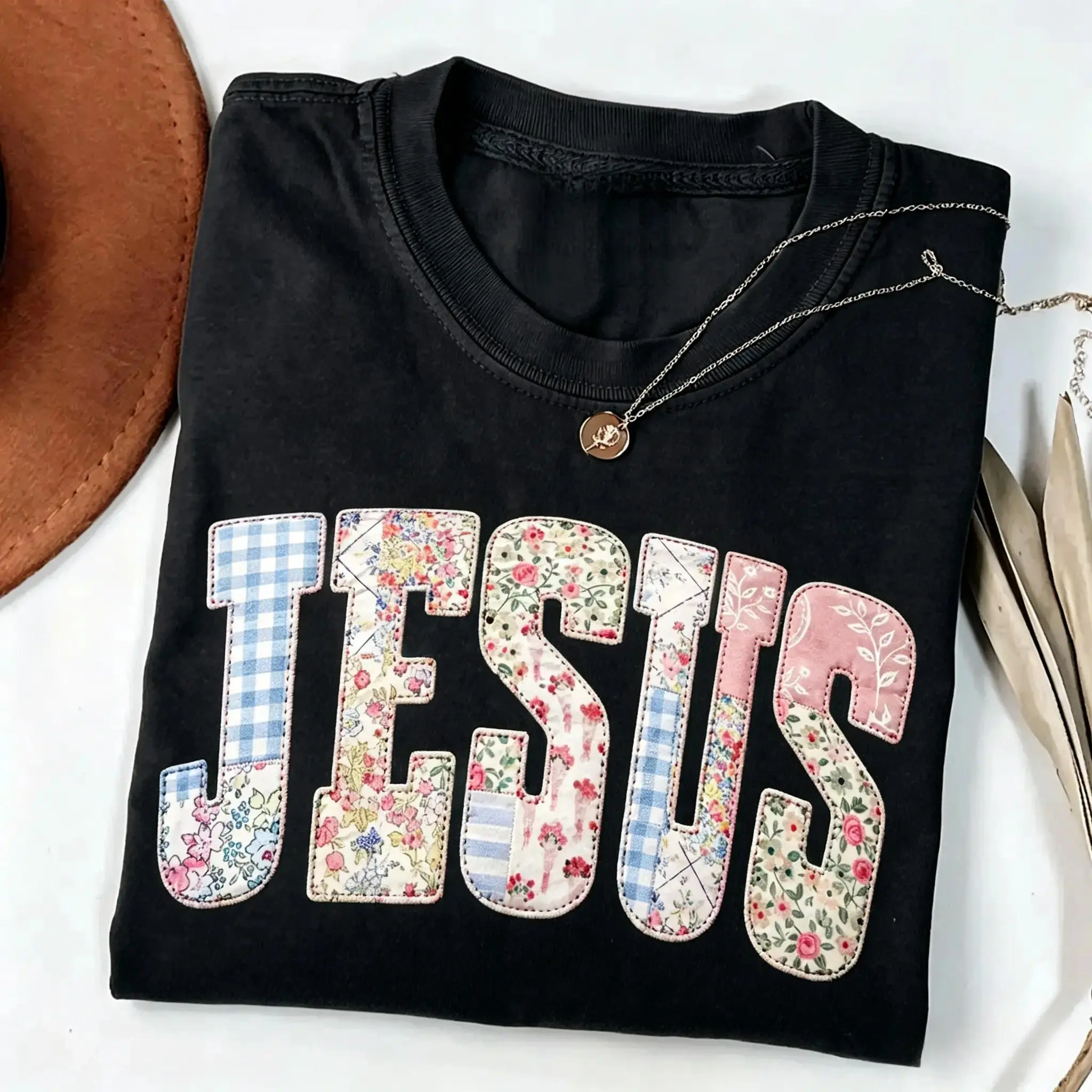 Men's Christian Inspirational Jesus Patchwork Floral Short Sleeve Tee, Faith-Based Vintage Oversized Streetwear Top