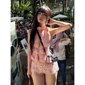 Nibber Chic Sweet 2Piece Set Women Backless Edible Tree Fungus Lace-Up Ruched Hollow Thin Tank Top+Furry Sequins Shorts Clubwear