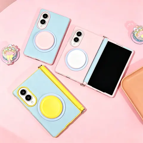 NganGee Detachable Magnetic Clip Phone Case for Samsung Galaxy Z Fold 8/7/6 & Z Flip 8/7/6 - Cute Phone Accessories, Aesthetic Dopamine Color Block DIY Round Stand, Shockproof Leather Flip Shell #YJDBACXZJXYKPinkWhiteC