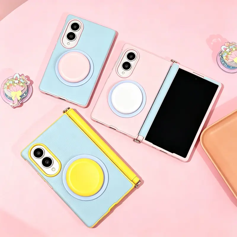 NganGee Detachable Magnetic Clip Phone Case for Samsung Galaxy Z Fold 8/7/6 & Z Flip 8/7/6 - Cute Phone Accessories, Aesthetic Dopamine Color Block DIY Round Stand, Shockproof Leather Flip Shell #YJDBACXZJXYKPinkWhiteC