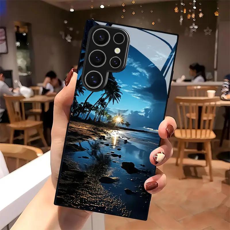 Tempered Glass Phone Case Featuring a Tropical Beach Sunset Design, Compatible with Samsung Galaxy S26 S25 S24 S23 S22Pro S21 S20 Fe Plus Ultra Pro A56 A55 A54 A53 A52 A51 A36 A35 A34 A32 A26 A25 A24 A23 A16 A15 A14 A06 A05 A03s