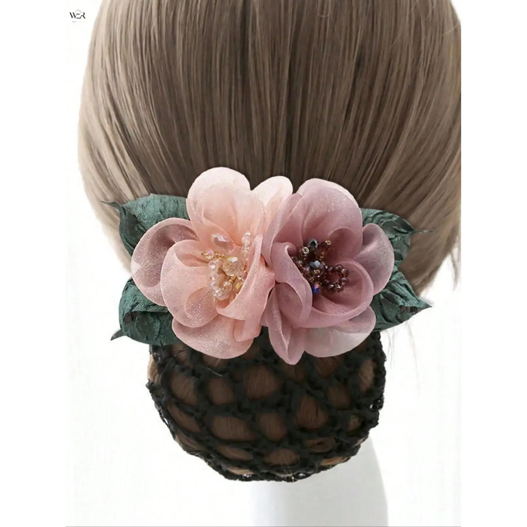 Vintage Organza Flower Hair Net Bun Cover, Beaded Dual Pink Floral Snood Hair Clip 10cm, Elegant Professional Updo Hair Accessory for Work Wedding Formal Events