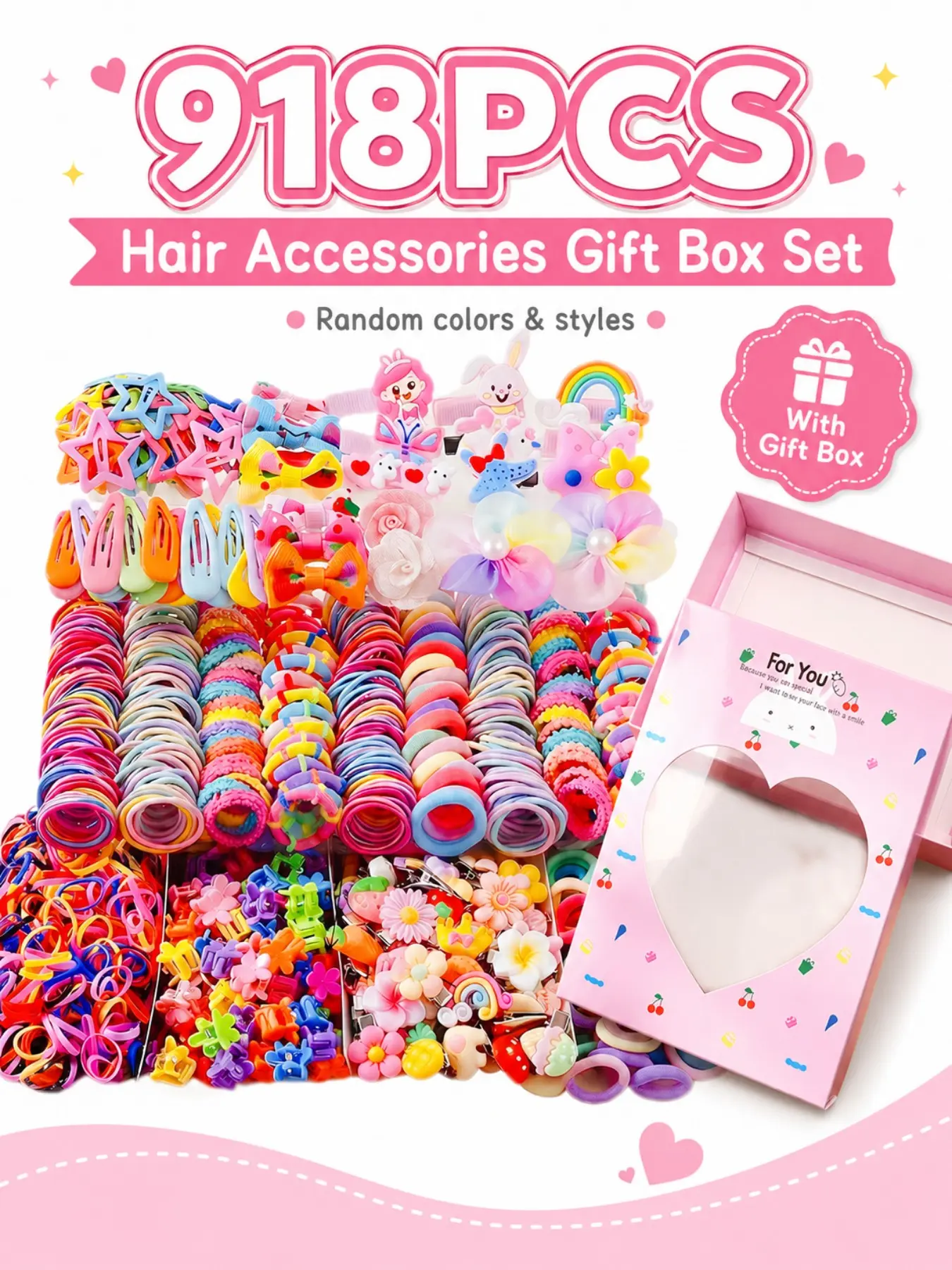 918PCS Hair Accessories Gift Box Set, Cute Fun Unique Random Style Hair Ties Hair Clips Mini Claw Clips with Storage Box, Gift Ready for Daily Wear & Party
