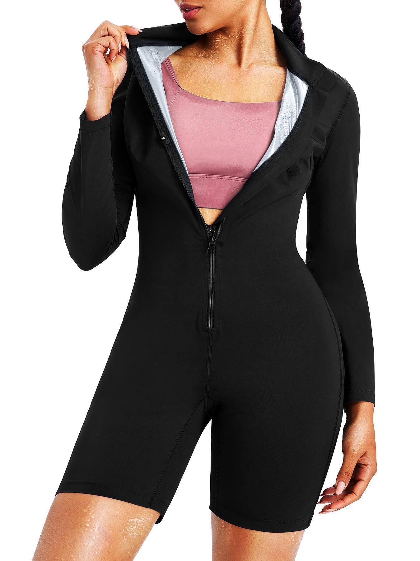 Women's body shaping + sauna sweating dual-function tummy control jumpsuit, thermal control fiber coated fabric promotes sweating and slimming, jumpsuit long sleeve shorts suitable for all seasons