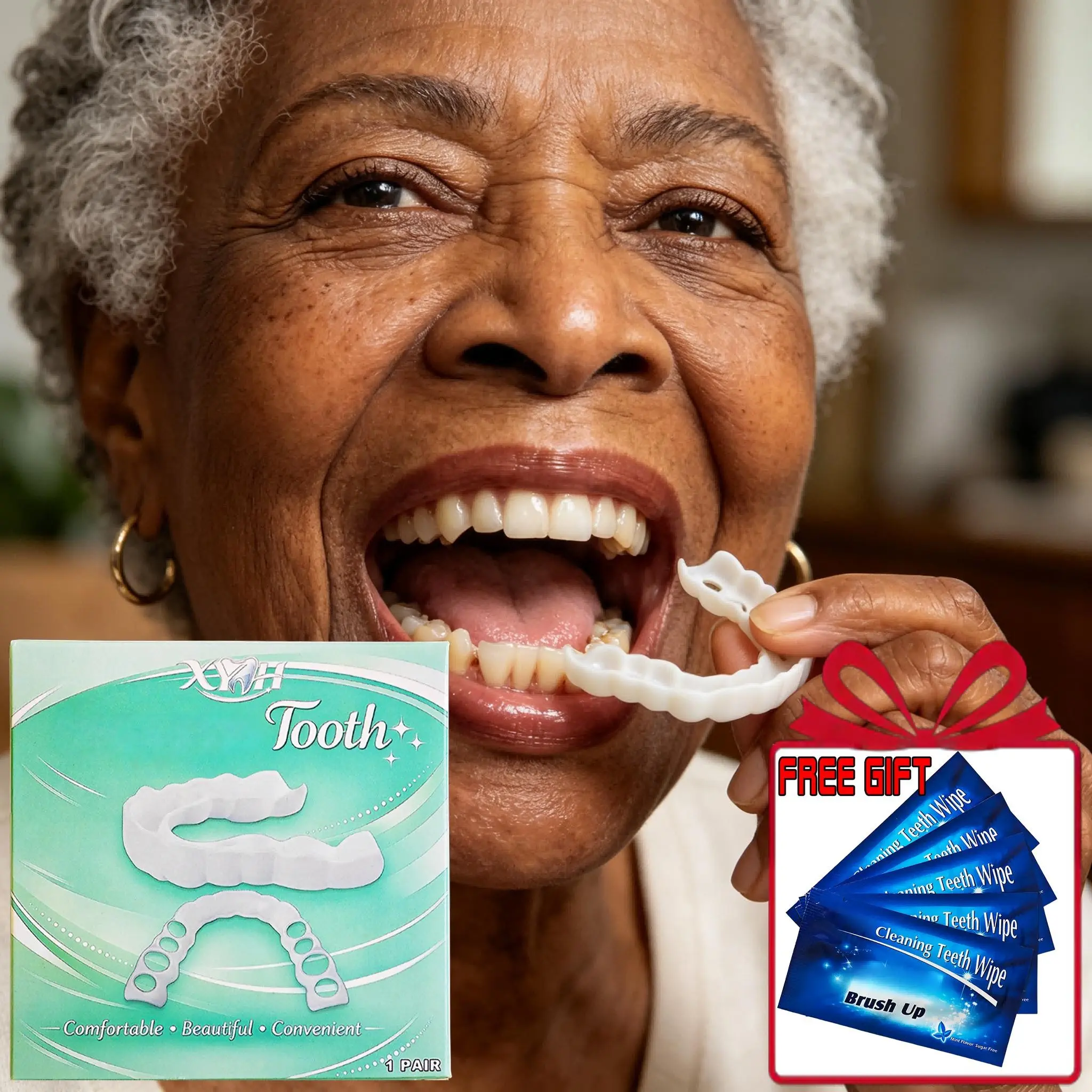 6pcs New Cosmetic Teeth Veneers, Suitable for Daily Use, No Foreign Body Sensation, Can Be Worn at Any Time, Comes with a Portable Mint Dental Wipe, Individually Packaged Design, Clean and Convenient for Travel.
