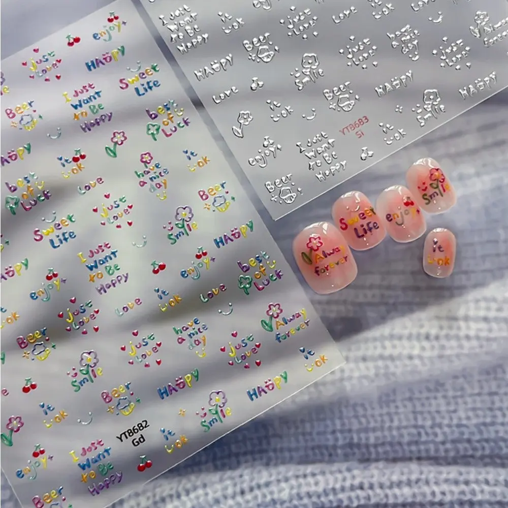 English Letters Nail Art Stickers, 1pc Cute 5D Embossed Self-adhesive DIY Nail Stickers and Decals - Nail Supplies and Nail Charms for Girls and Women-Spring Summer Nails For Nail Art Home Salon
