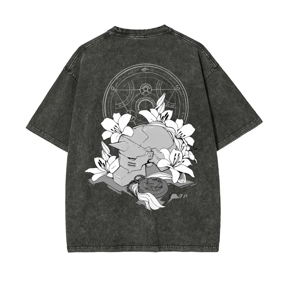 Men's Fullmetal Alchemist Edward Elric Anime Cotton Short-Sleeve Tops, Unisex Vintage Washed Round Neck Comfortable Fabric Casual Oversized T-Shirt, Shortsleeve