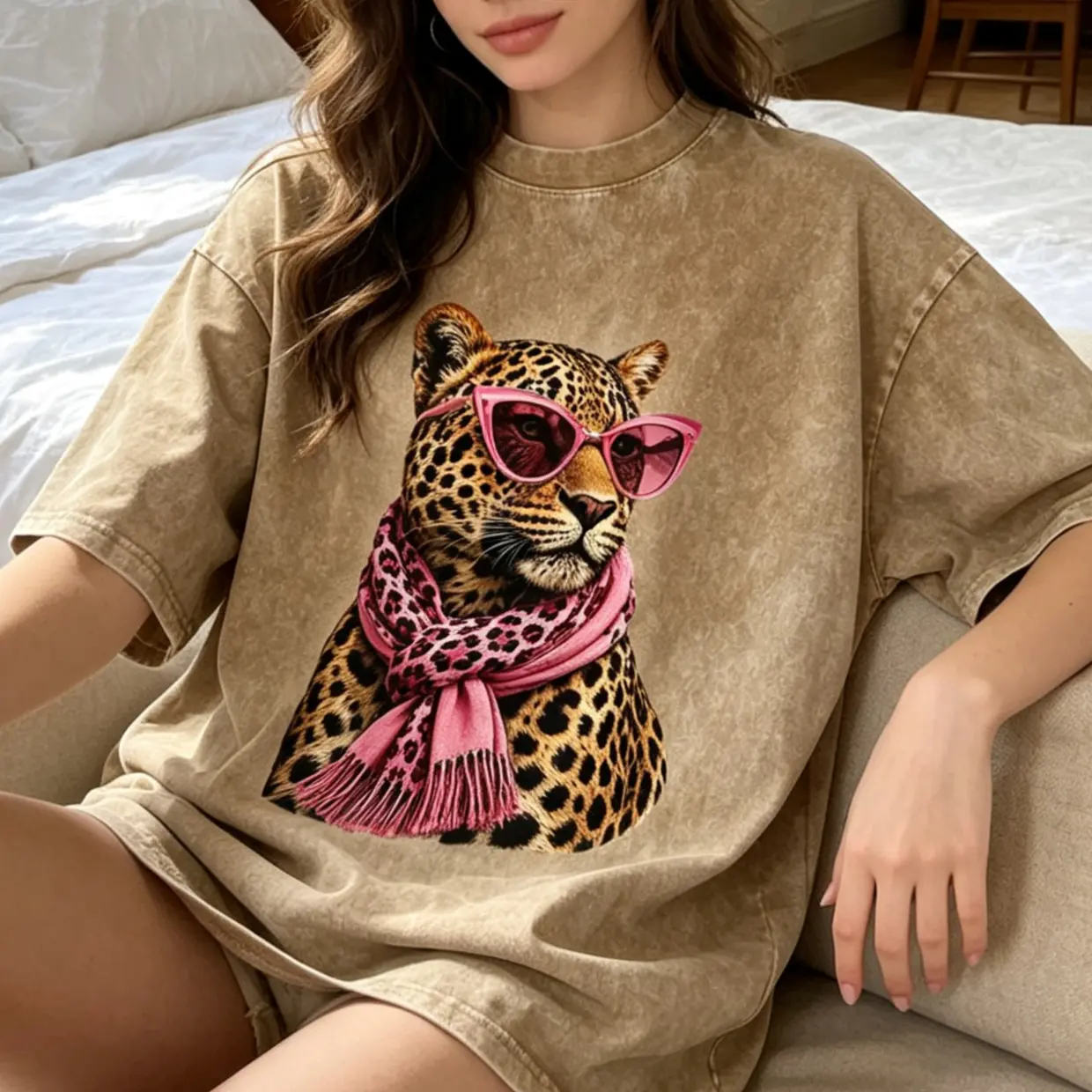 Women's Pink Leopard Print T-Shirt, Casual Streetwear Top with an Oversized Fit, Vintage Washed Pure Cotton Crew Neck, Loose