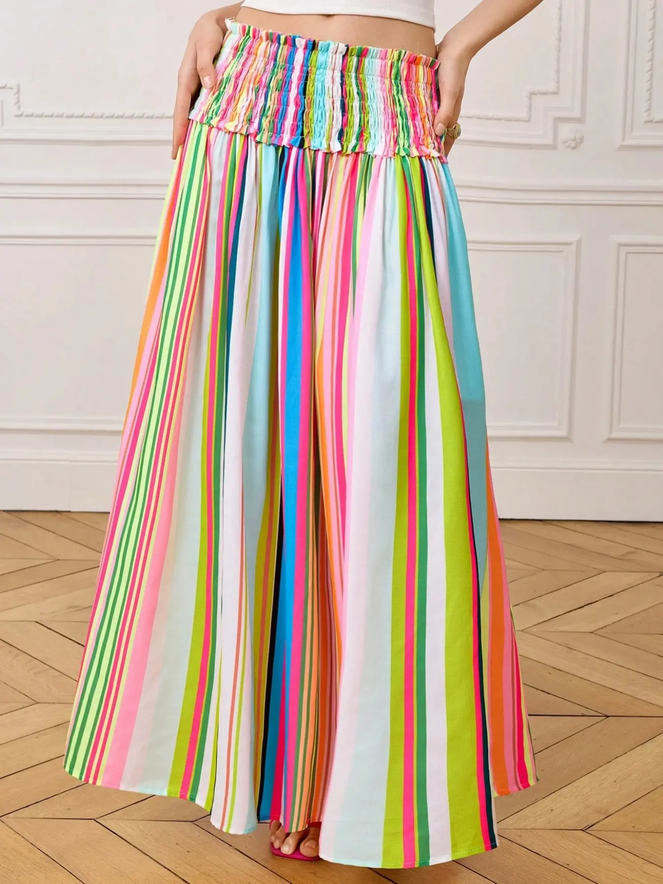 Elegant Women's A-Line Dress, Colorful Striped Loose Waist Cinched Pleated Print Woven Skirt, Medium-Length, All-Season, Rainbow Colors, Floral Patterns