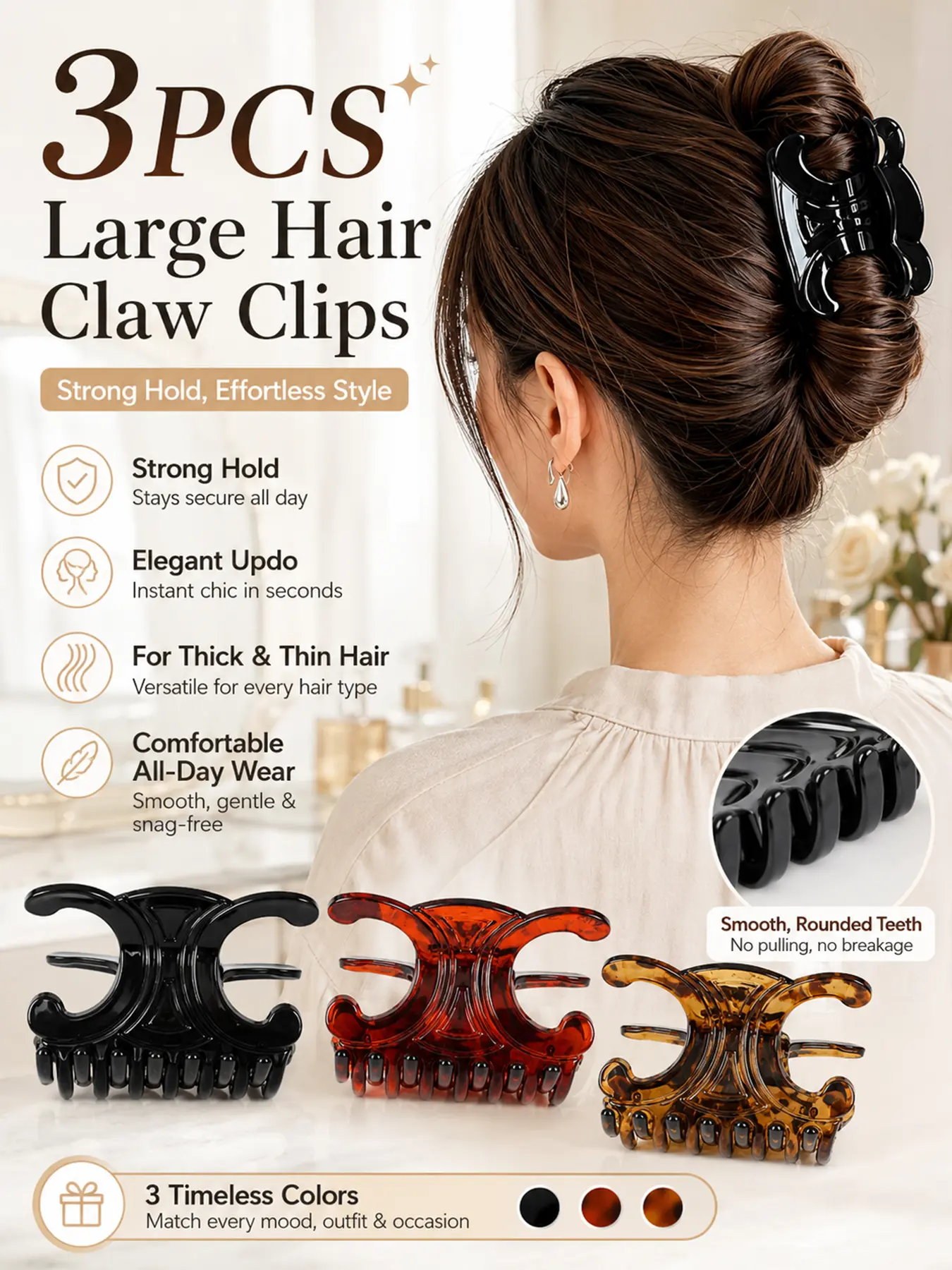 3PCS Large Butterfly Hair Claw Clips for Women Girls, Elegant Minimalist Strong Hold Jaw Clips with Smooth Rounded Teeth, Non Slip Hair Clamps for Thick Thin Long Hair, French Twist Updo Bun Ponytail Accessories for Daily Work Party Travel