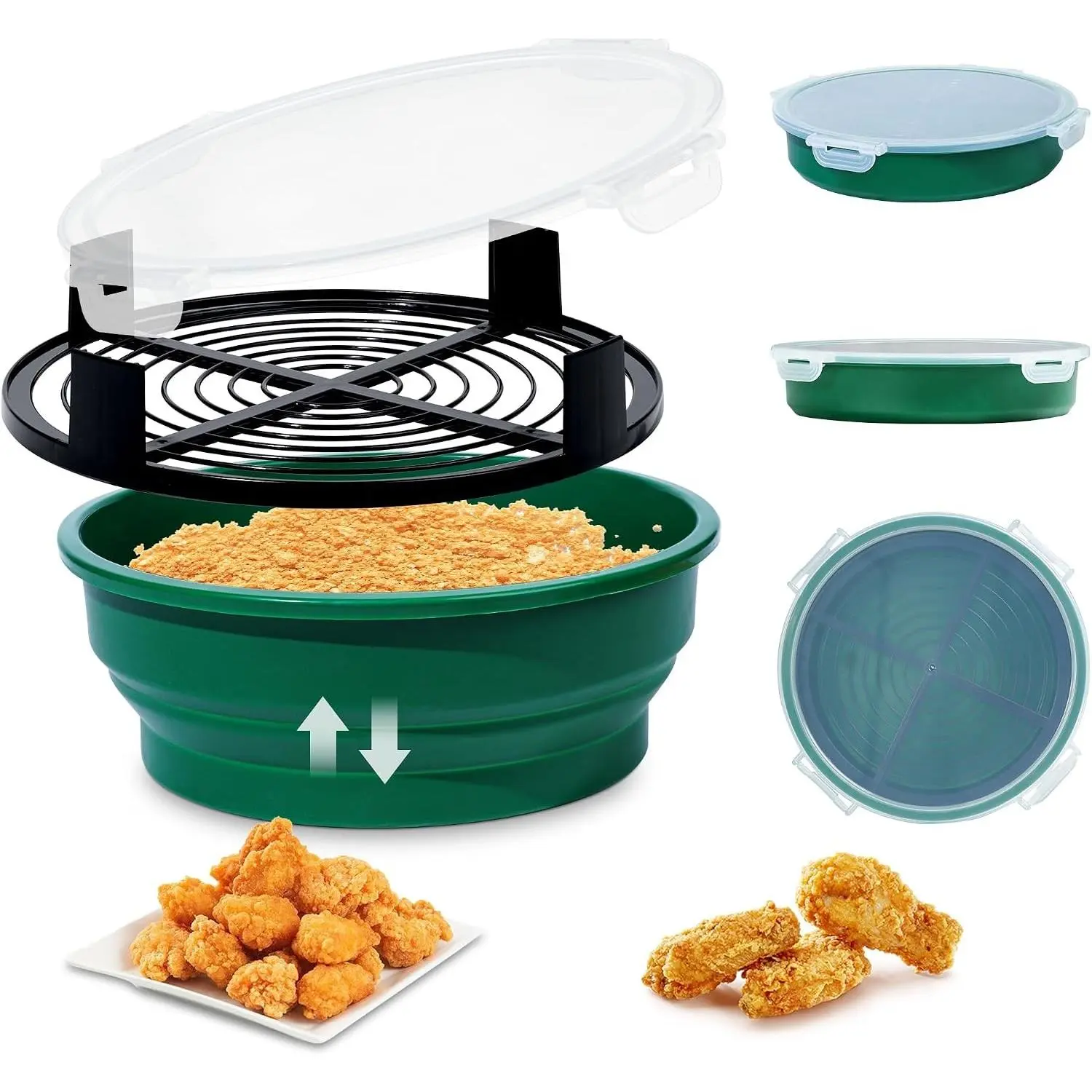 Collapsible Batter Bowl - Mess Free Breader Shaker Bowl with Lid Breading Shaker Container, No Leak Easy to Store, Great for Fried Fish, Fried Chicken, Onion Rings, Wings & More