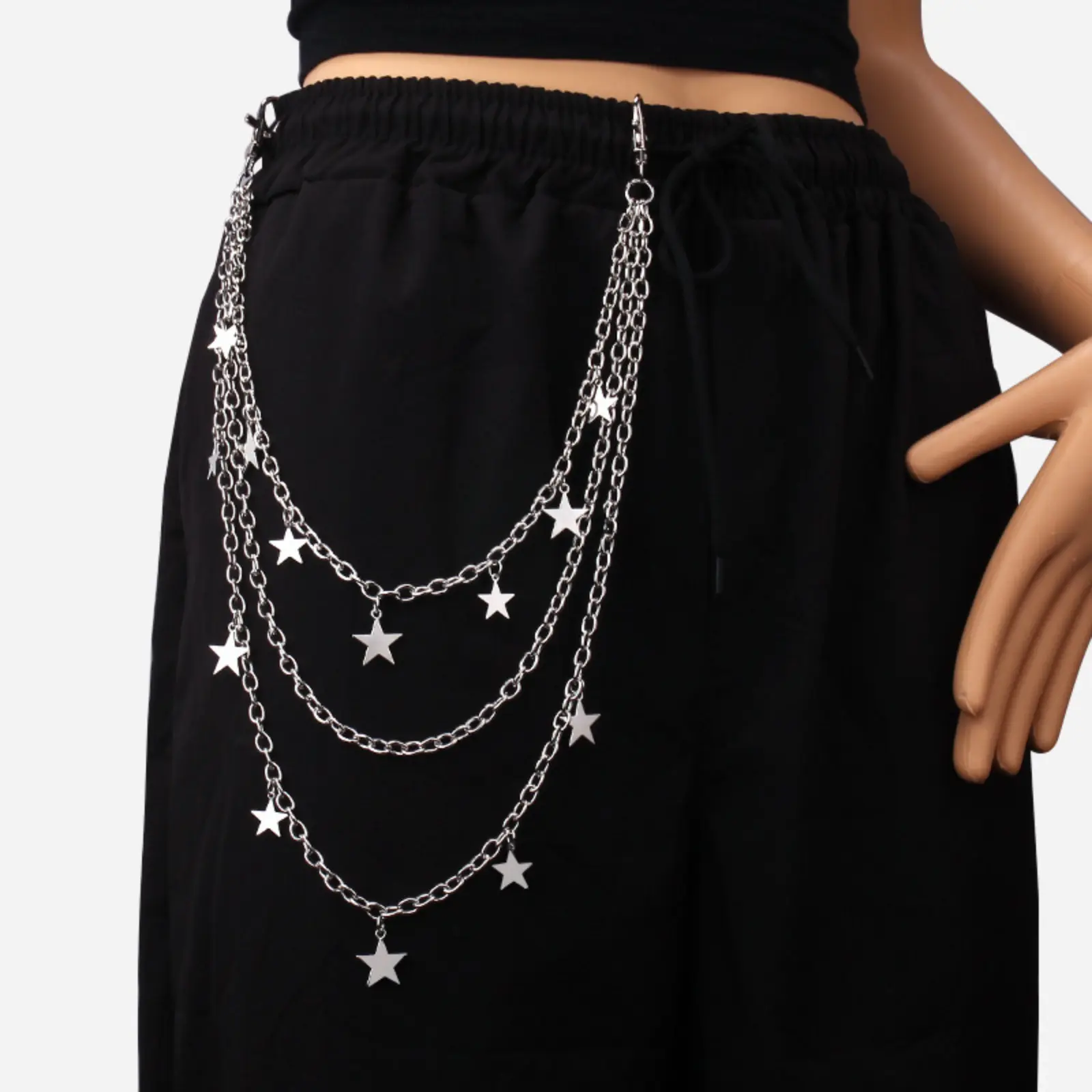 Pants Chain Accessory, Y2K Multi-layer Star Waist Chain, Silver Pentagram Pendant Trouser Chain, Clip On Detachable Jean Pants Chain, Durable Metal Hip Hop Body Jewelry, For E-girl Streetwear Gothic Casual Party Outfits