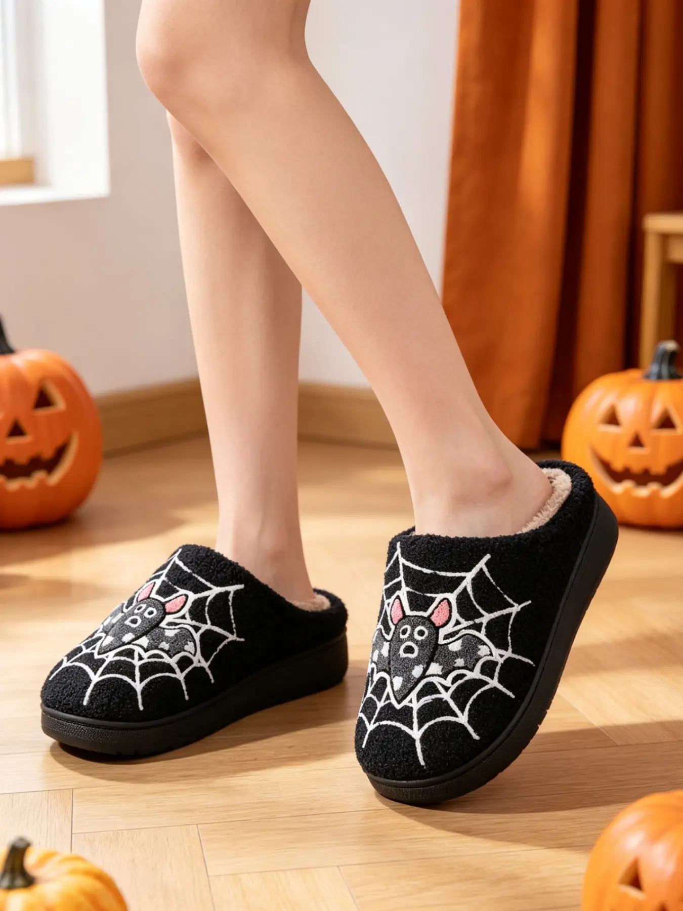 Women's Halloween Pumpkin Plush Slippers, Thick Sole Non-Slip Home Shoes, Warm Cozy Footwear for Fall Winter, Festive Theme Design